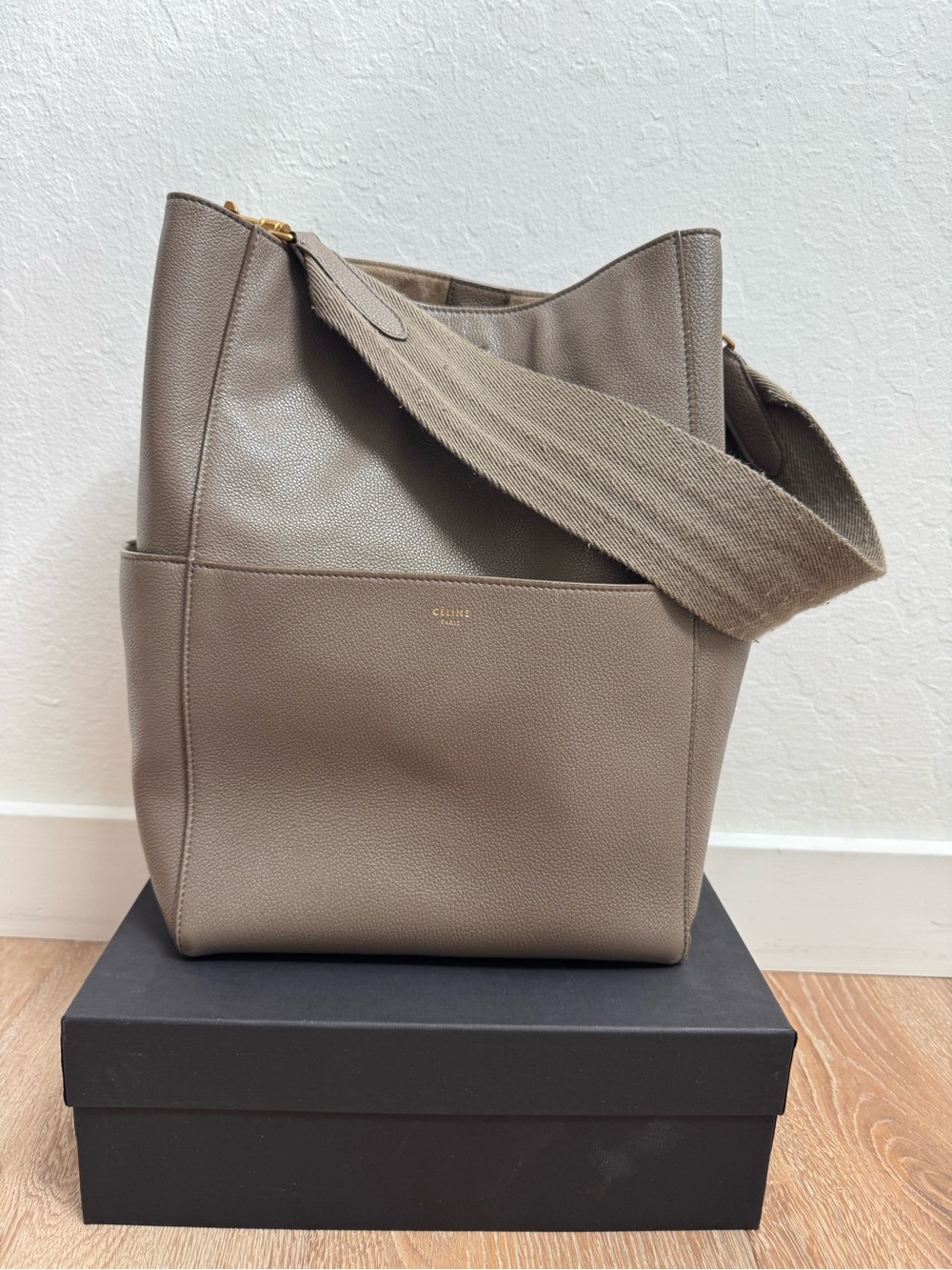 Authentic Celine Medium Sangle Bucket Bag in Grained Calfskin (Taupe)
